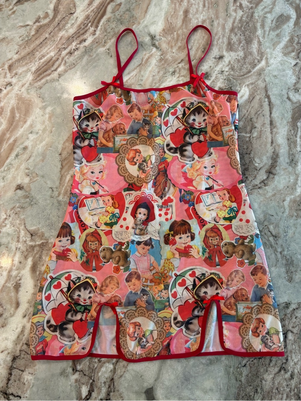Kawaii Vintage Valentine Cartoon Printed Camisole Sleep Dress Slip Chemise Mesh